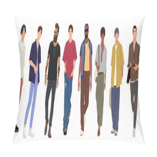 Personality  Street Fashion Men Vector Illustration. Different Men Wearing Trendy Modern Street Style Summer Outfit Standing And Walking. Cartoon Style Vector Realistic Illustration Isolated On White Background. Pillow Covers