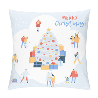 Personality  People On Christmas Vector Xmas Tree With Gifts And Cartoon Couples, Family Characters Walking In Winter. Illustration Set Of Men, Women Holding New Year Presents Isolated On White Background Pillow Covers