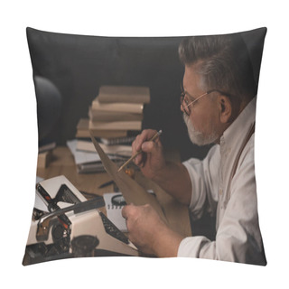 Personality  Serious Senior Writer Working With Manuscript Pillow Covers