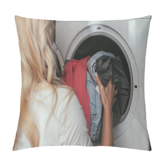 Personality  Back View Of Housewife Putting Laundry Into Washing Machine Pillow Covers