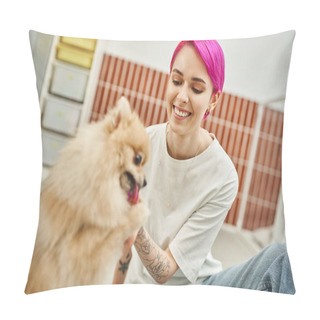 Personality  Happy Stylish Dog Sitter Treating Loveable Pomeranian Spitz, Training Class In Welcoming Pet Hotel Pillow Covers