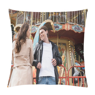 Personality  Stylish Man In Jacket Smiling Near Happy Girlfriend In Trench Coat And Carousel In Amusement Park Pillow Covers
