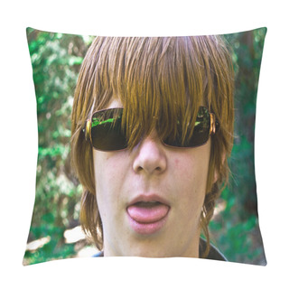 Personality  Young Boy With Red Long Hair And Sunglasses Pocks His Tongue And Looks Real Pillow Covers
