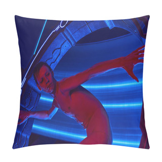 Personality  Extraterrestrial Humanoid Near Innovative High-tech Device In Neon-lit Science Center Of Future Pillow Covers