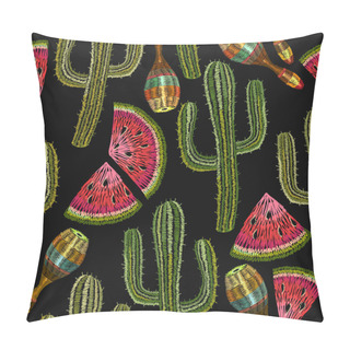 Personality  Embroidery Cactus And Maracas Seamless Pattern. Mexican Ethnic Pillow Covers
