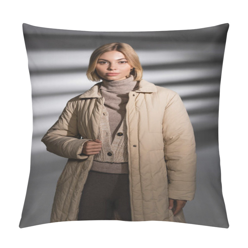 Personality  Pretty Woman In Beige Winter Outfit Looking At Camera On Abstract Grey Background  Pillow Covers