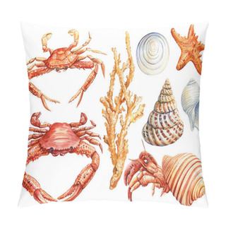 Personality  Set Of Shells, Crab, Starfish On An Isolated White Background, Watercolor Illustration Pillow Covers
