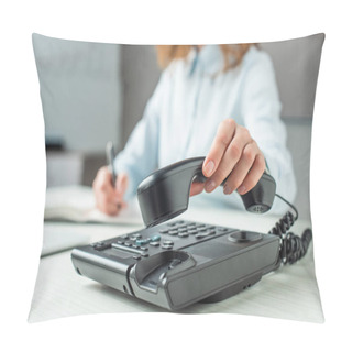 Personality  Cropped View Of Businesswoman Putting Handset On Landline Telephone At Workplace On Blurred Background Pillow Covers