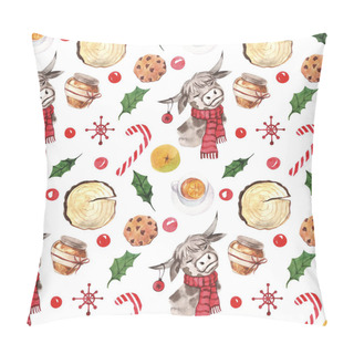 Personality  Semless Watercolor Pattern. Christmas Holiday Print. Sleep Bulls, Mandarin, Tea, Snowflakes, Cookies, Berry, Candy, Red Scarf, Saw Cut On A White Background. Symbol Of 2021 Pillow Covers