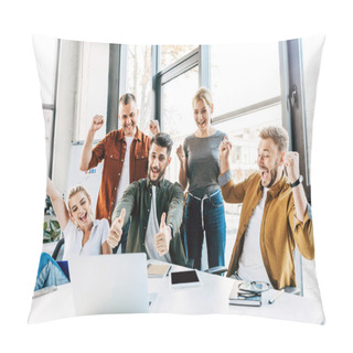Personality  Group Of Young Successful Entrepreneurs Celebrating Victory And Showing Thumbs Up At Office And Looking At Camera Pillow Covers