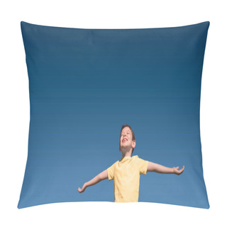 Personality  Happy Smiling 5-year-old Caucasian Boy With Closed Eyes And Upturned Face In Yellow T-shirt With Outstretched Arms Im Summer With Blue Sky Gradient On Background. Horizontal Banner, Large Copy Space Pillow Covers