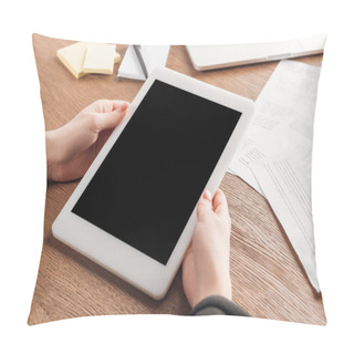 Personality  Cropped View Of Woman Using Digital Tablet With Blank Screen At Workplace Pillow Covers