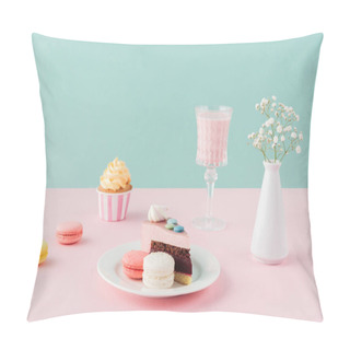 Personality  Macarons, Cupcake, Piece Of Cake And Milkshake On Pastel Background Pillow Covers