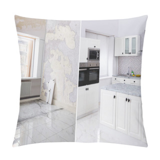 Personality  Before And After Of Modern Kitchen Apartment Room In Renovated House Pillow Covers