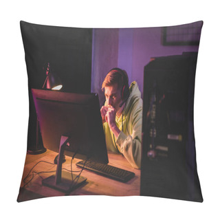 Personality  Tensed Gamer In Headset Looking At Computer Monitor During Video Game At Home  Pillow Covers