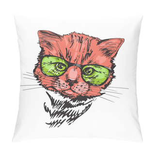 Personality  Red Cat In Green Glasses. Lovely Pet. Sketch Drawing. Pillow Covers