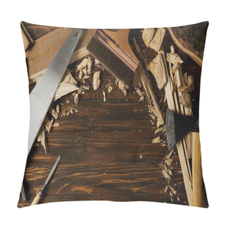 Personality  Elevated View Of Different Tools And Wooden Pieces On Tabletop Pillow Covers
