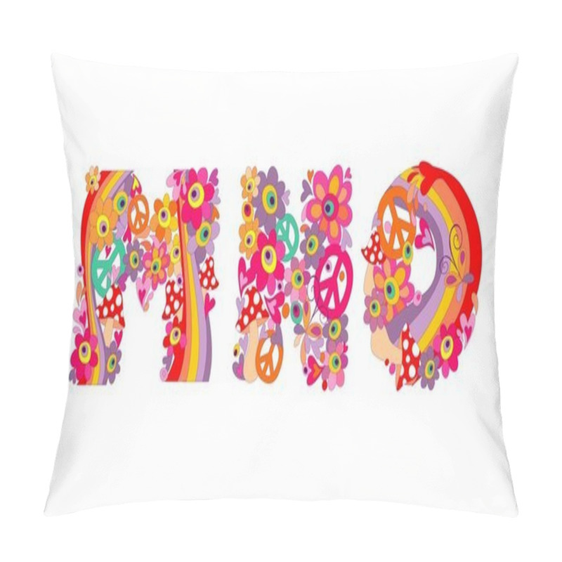 Personality  Hippie childish alphabet with colorful abstract flowers, rainbow and mushrooms. M, N, O pillow covers