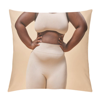 Personality  Cropped Plus Size Woman In Underwear Posing On Beige Backdrop, Body Positive And Female Empowerment Pillow Covers