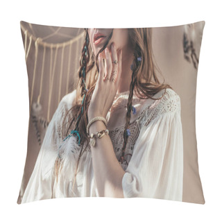 Personality  Cropped View Of Girl With Braids In White Boho Dress On Beige With Dream Catcher Pillow Covers