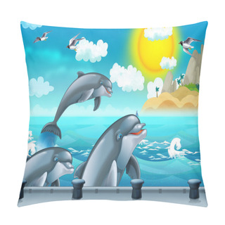 Personality  Cartoon Background Of A Sea With Dolphins And Docking Station For Ships - Illustration For Children Pillow Covers