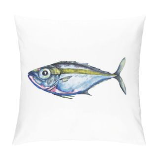 Personality  Big-eyed Marine Fish In Blue And Pink Colours With Yellow-green Strip. Illustration In Close To Actual Image. Watercolor Hand Painted Isolated Elements On White Background. Pillow Covers