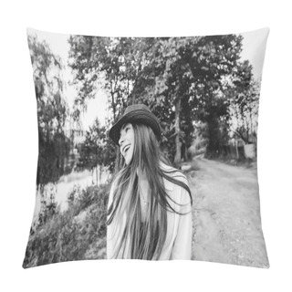 Personality  Girl With A Hat On Her Head Look To The Side Against The Background Of Nature On A Black And White Photo Pillow Covers