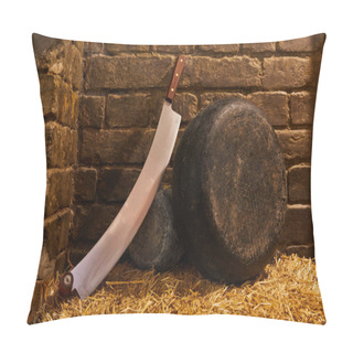 Personality  Hard Cheese Head With Double Handled Cheese Knife On Straw In Front Of Brick Wall Pillow Covers
