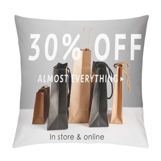 Personality  Paper Shopping Bags Isolated On Grey With 30 Percent Off Almost Everything Illustration, Black Friday Concept Pillow Covers