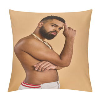 Personality  A Man With A Long, Bushy Beard Stands With A Confident Stance, Shirtless, Showcasing His Rugged And Free-spirited Essence. Pillow Covers