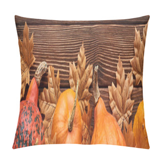 Personality  Panoramic Shot Of Pumpkins On Brown Wooden Surface With Dried Autumn Leaves Pillow Covers
