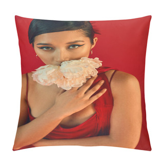 Personality  Portrait Of Young And Sensual Asian Woman With Brunette Hair And Bold Makeup, In Neckerchief And Strap Dress Posing With White Peony On Vibrant Red Background, Trendy Spring Concept Pillow Covers