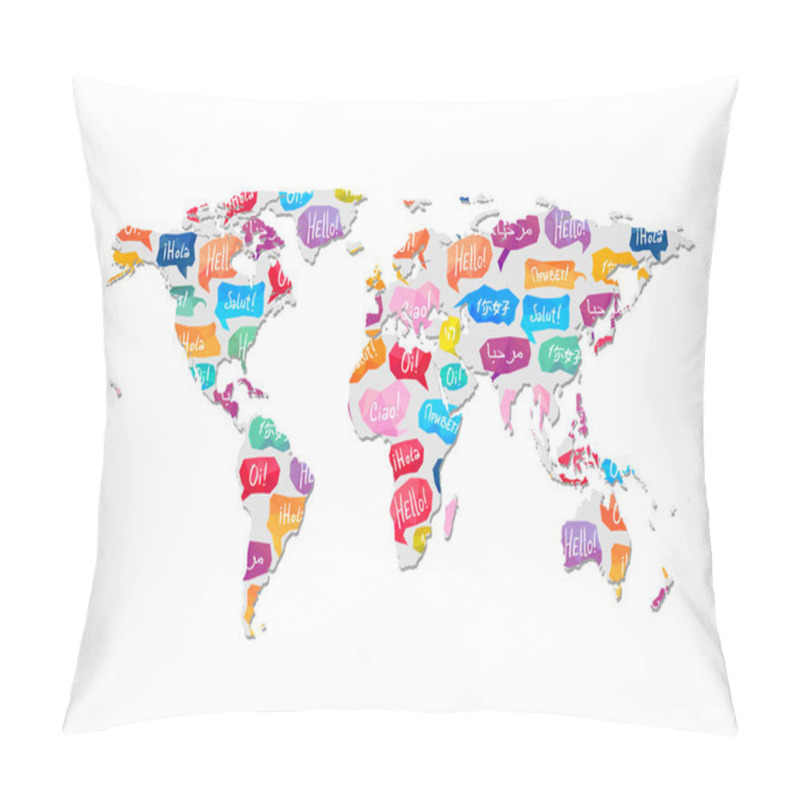 Personality  World map with pattern of speaking bubbles with word Hello pillow covers
