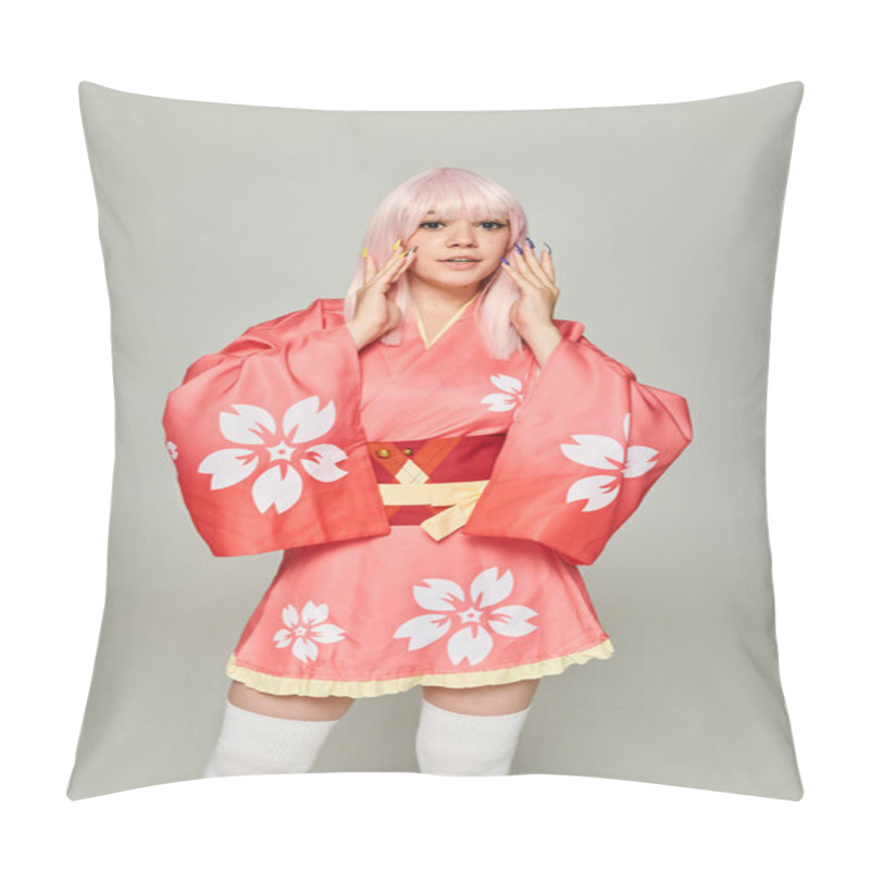 Personality  Young Blonde Woman With Colorful Manicure Wearing Pink Kimono And Looking At Camera On Grey Pillow Covers