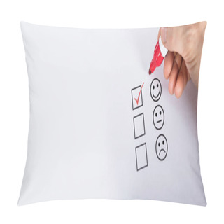 Personality  Satisfied Customer Putting Check Mark On Quality Service Survey Checklist Next To Drawn Happy Face Pillow Covers