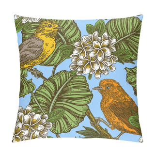 Personality  Little Tropical Birds Sitting On Tree Branches And Plumeria Flowers. Vintage Seamless Pattern.  Pillow Covers