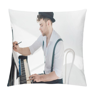 Personality  Focused Composer Writing In Music Book And Playing Piano  Pillow Covers