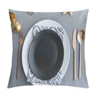 Personality  Top View Of Black Empty Plate, Napkin And Old Fashioned Tarnished Cutlery On Tabletop Pillow Covers