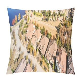 Personality  Panorama Aerial View Urban Sprawl With Row Of New Houses And City Building In Background. Row Of Brand New Two Stories Single-family Detached Homes Wooden Fence Backyard Colorful Autumn Leaves Dallas Pillow Covers