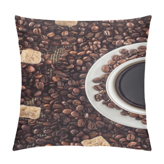 Personality Cup Of Coffee, Roasted Coffee Beans And Brown Sugar On Sackcloth   Pillow Covers