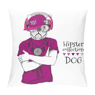 Personality  Hipster Dog Dressed Up In T-shirt, Headphones, Cap And With Glasses. Vector Illustration Pillow Covers