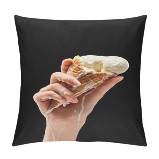 Personality  Partial View Of Woman Holding Melting Delicious Vanilla Ice Cream In Crispy Waffle Cone Isolated On Black  Pillow Covers
