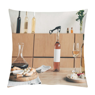Personality  Bottles Of Wine, Wine Glasses, Jug And Food On Wooden Table Pillow Covers