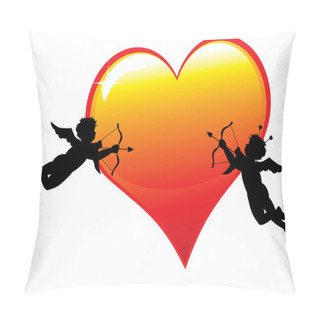 Personality  Two Cupid Silhouettes With A Big Glossy Heart Isolated On White Background Pillow Covers