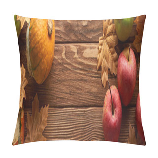 Personality  Panoramic Shot Of Small Pumpkins And Apples On Brown Wooden Surface With Dried Autumn Leaves Pillow Covers