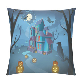 Personality  Haunted House With Pumpkins, A Witch On A Broomstick, Spiders, A Crow And A Ghost. Cartoon Style Vector Illustration. Pillow Covers