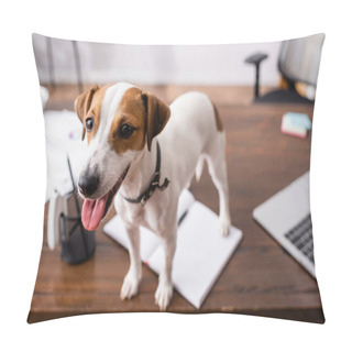 Personality  Selective Focus Of Jack Russell Terrier Sticking Out Tongue On Office Table  Pillow Covers