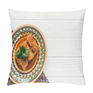 Personality  Delicious Stuffed Cabbage Rolls With Parsley, Embroidered Towel And Copy Space On White Wooden Background Pillow Covers