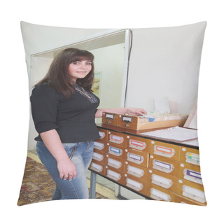 Personality  Girl-student Searches Something In Card Catalog Pillow Covers