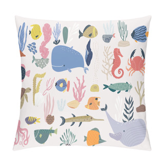 Personality  Underwater World Is A Set Of Elements Isolated On A White Background. Hand-drawn Illustration. Pillow Covers